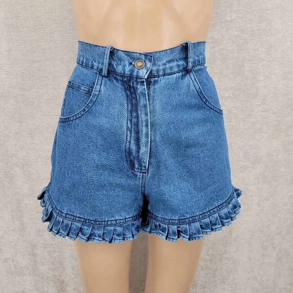 Newport News Vintage 90s Denim Ruffle Hem Women's Blue Jean Shorts High Rise Mom